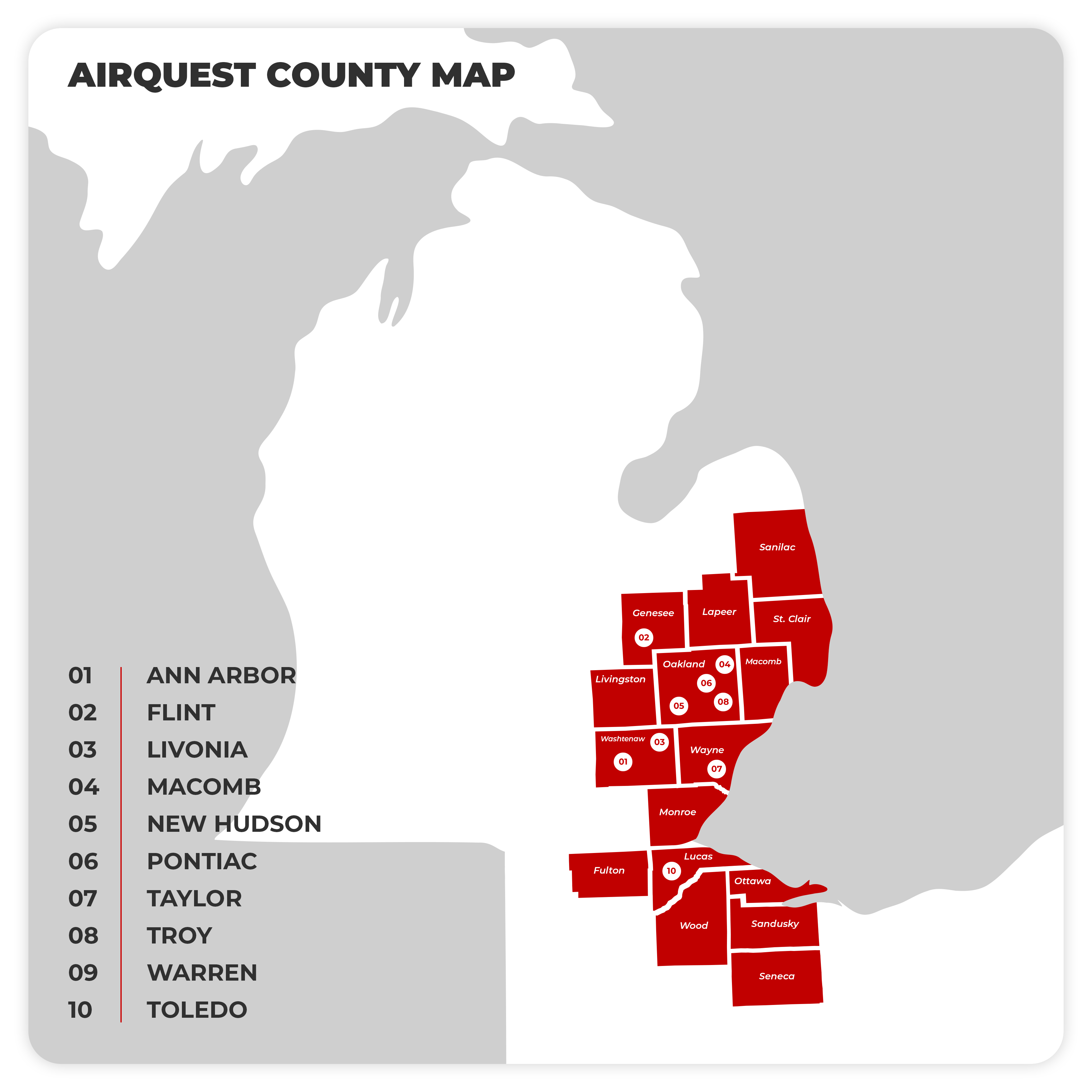 map with highlighted counties that can sell airquest equipment